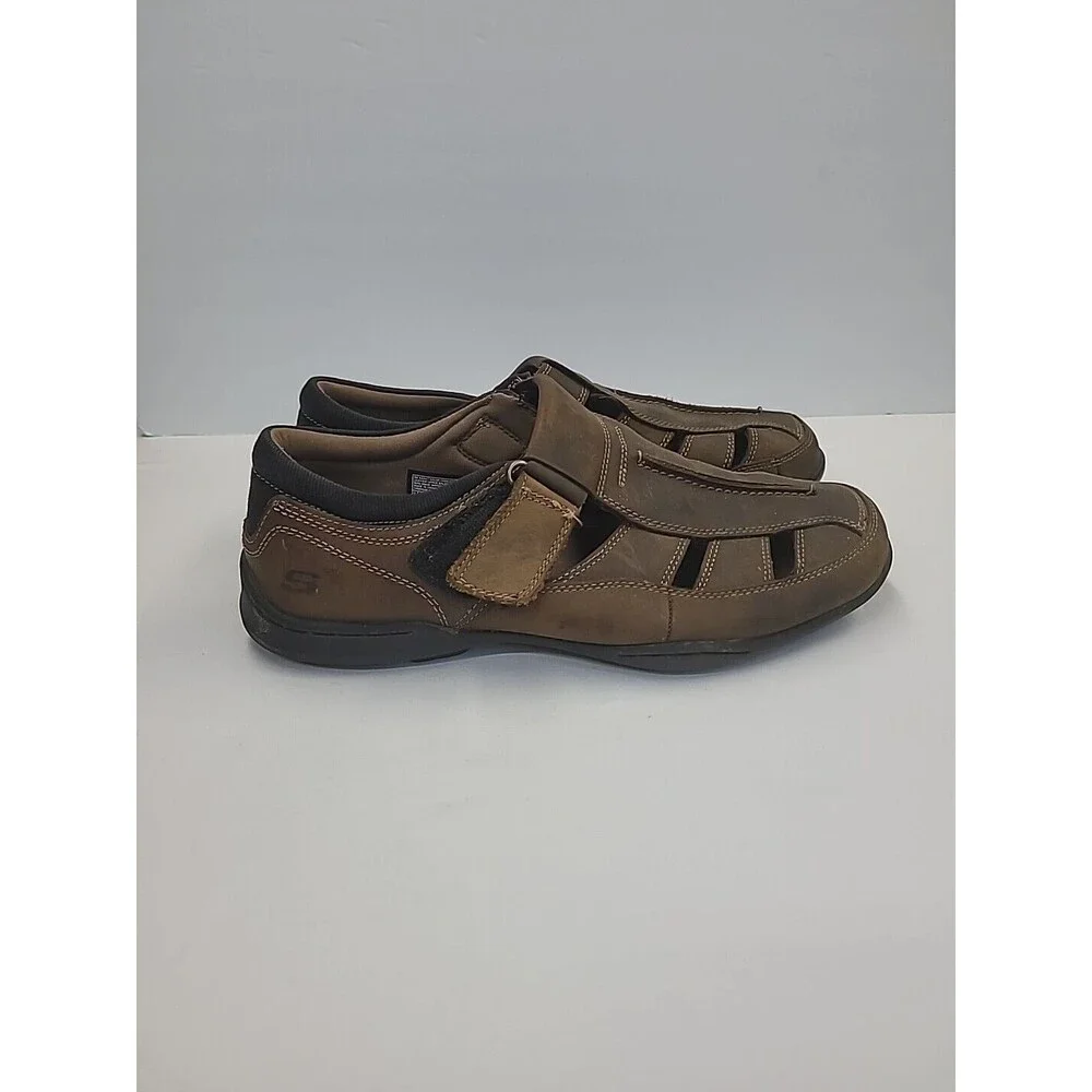 Men's Skechers Sandals Size 9 Brown Leather Closed Toe Comfort Shoes Adjustable‎
